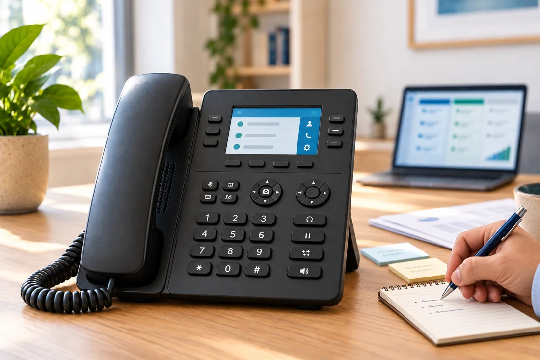 Illustration of a prominent business VoIP phone beside a hand taking notes, papers, and sticky notes
