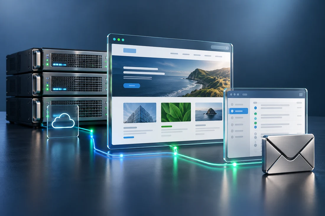 Illustrative hosting servers connected to a website interface and business email inbox