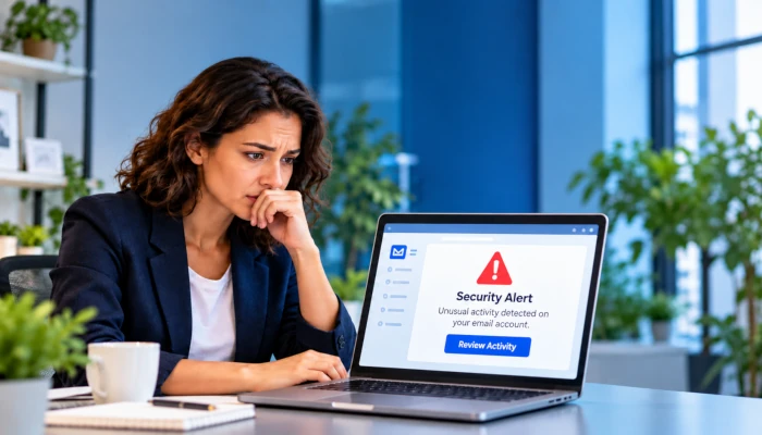 Worried woman facing a security alert